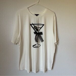 Love & Lace White T-Shirt Black Martini Glass Bow Print Short Sleeve Size 1X